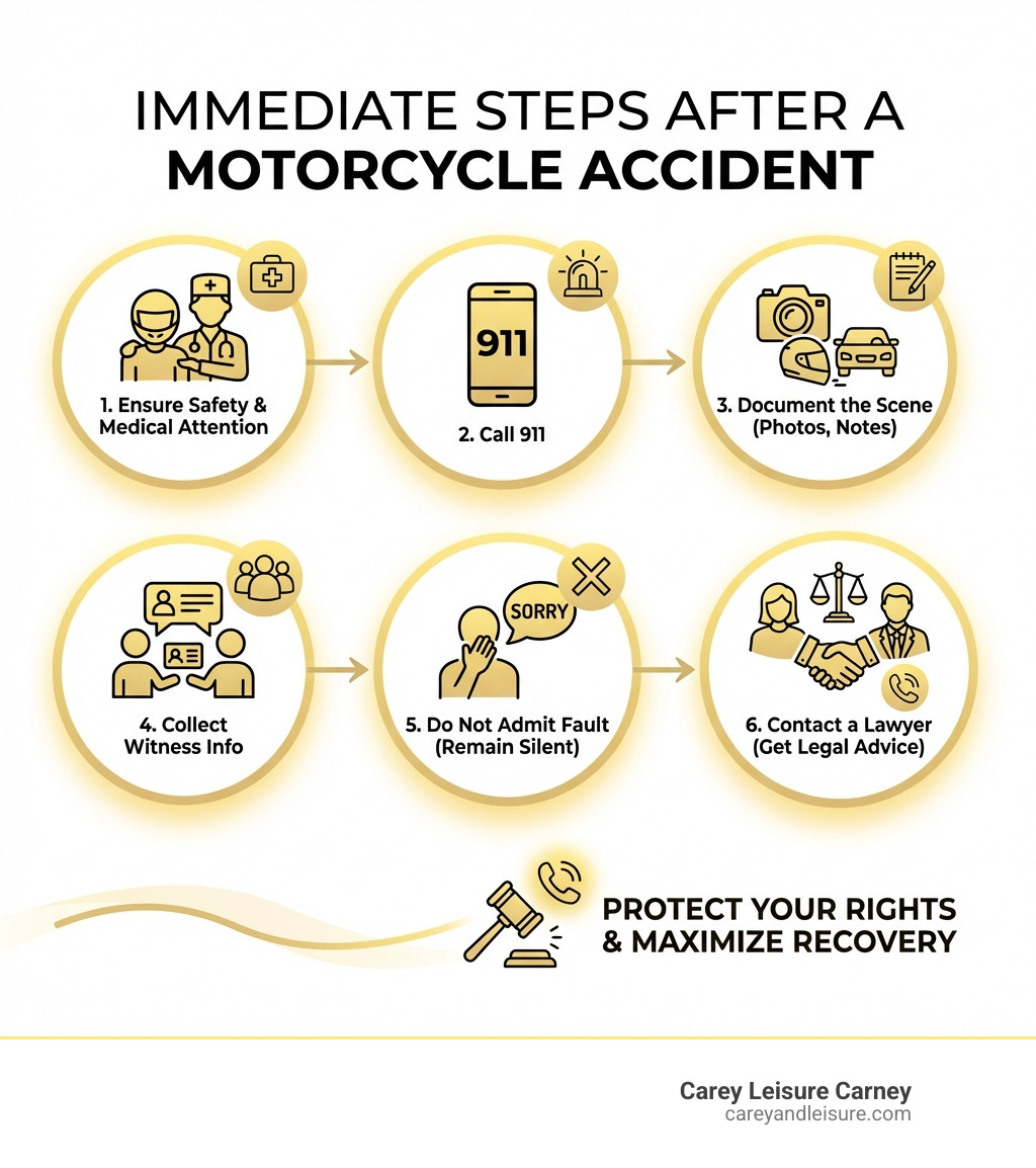 Infographic showing immediate steps after a motorcycle accident: ensure safety and medical attention, call 911, document the scene, collect witness info, do not admit fault, contact a lawyer - Clearwater motorcycle accident lawyer infographic 
