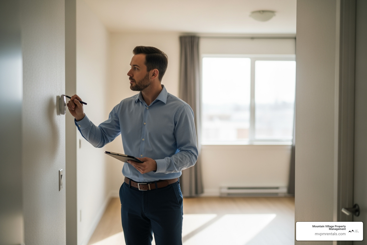 Professional property manager conducting a walkthrough inspection of a vacant apartment - Montana rental property management Professional property manager conducting a walkthrough inspection of a vacant apartment - Montana rental property management