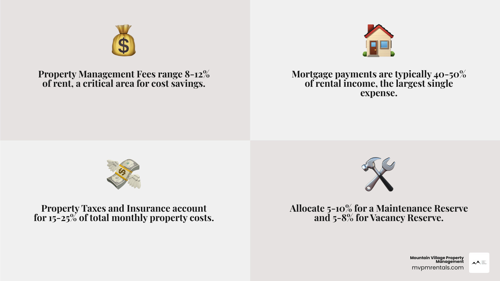 Infographic showing the breakdown of monthly rental property expenses: Property Management Fee (8-12% of rent), Mortgage Payment (40-50%), Property Taxes (10-15%), Insurance (5-10%), Maintenance Reserve (5-10%), HOA Fees if applicable (varies), Vacancy Reserve (5-8%), and Utilities if owner-paid (varies). The property management fee is highlighted as a controllable expense that can be optimized through smart choices. - low cost property management infographic 4_facts_emoji_grey