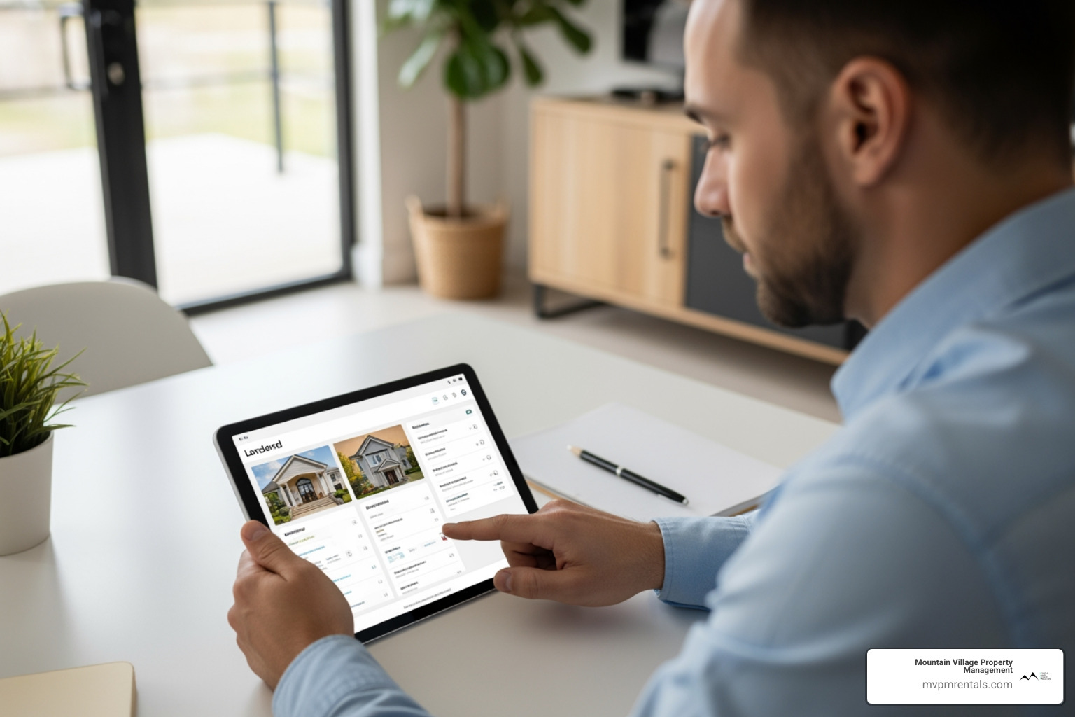 of a landlord using a tablet to review a property management software dashboard. - low cost property management