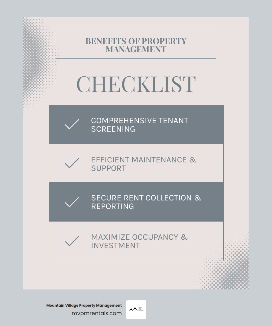 infographic showing benefits of using property management companies including tenant screening, maintenance coordination, rent collection, financial reporting, marketing, lease enforcement, and higher occupancy rates for landlords, plus easy applications, maintenance portals, and professional service for tenants - bozeman rental agencies infographic checklist-light-blue-grey