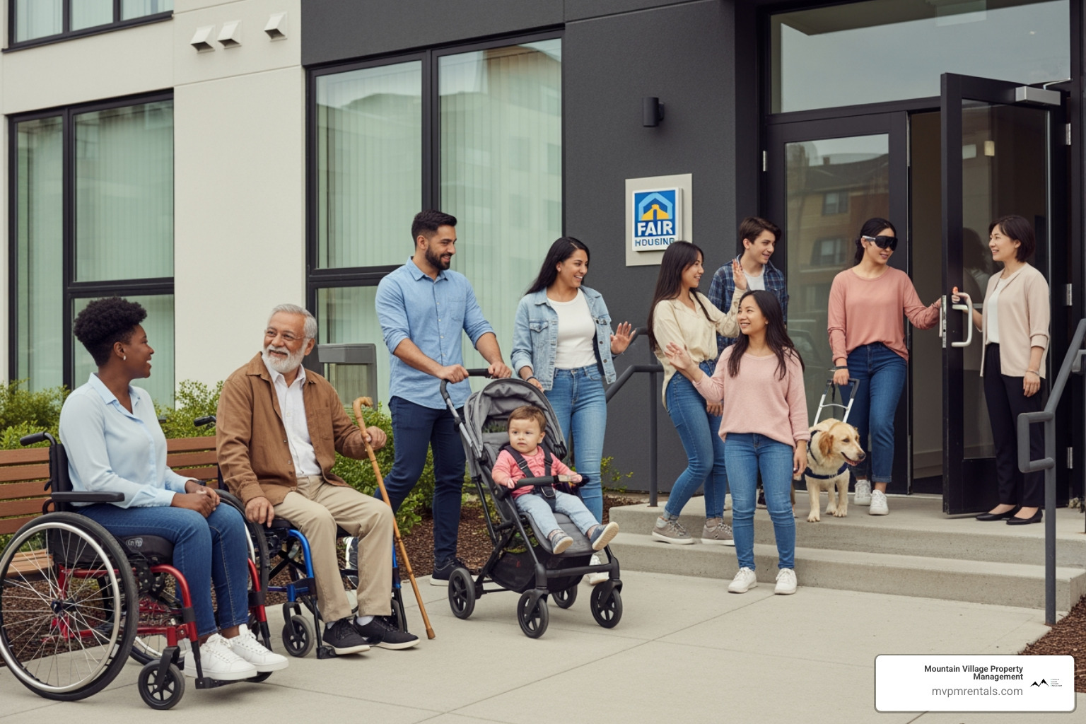 A diverse group of people looking at a rental property, representing fair housing principles. The image shows individuals of different ages, ethnicities, and abilities interacting positively in front of a modern apartment building. - Montana tenant screening laws