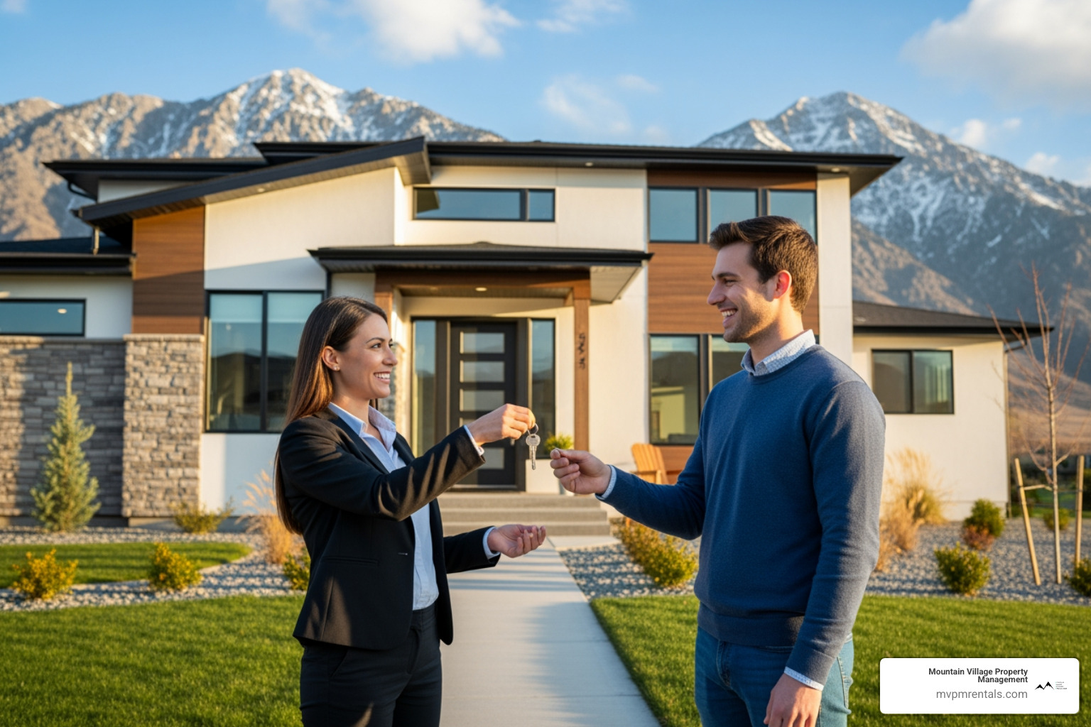 Mountain Village Property Management agent handing keys to happy tenant - bozeman rental agencies