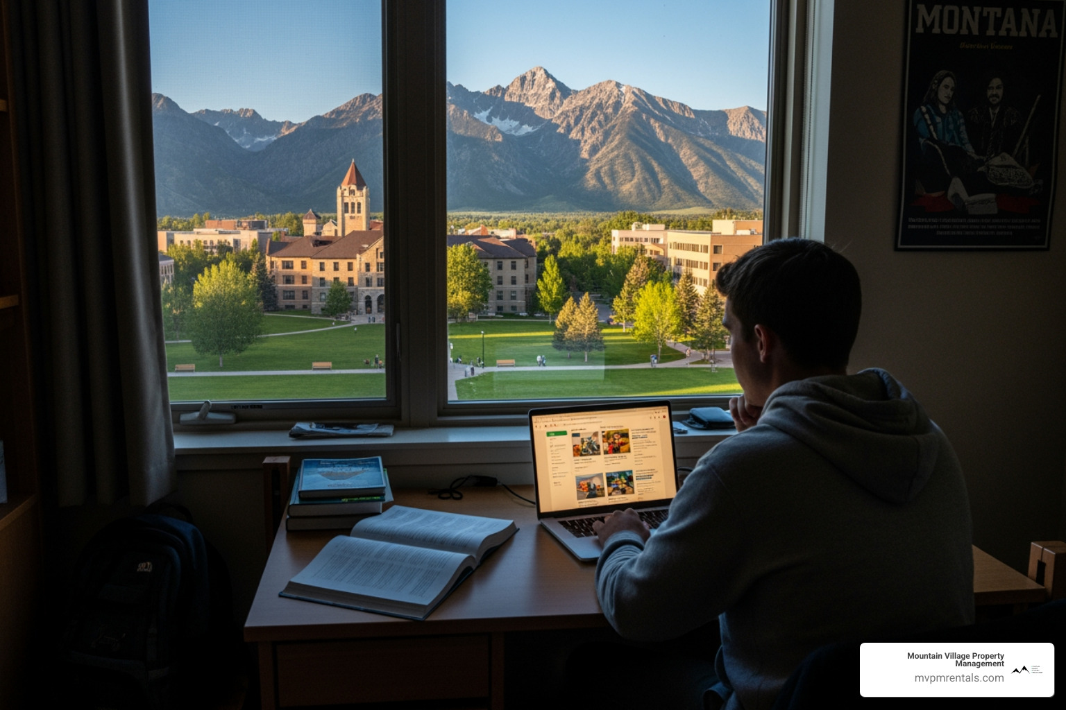 student looking at rental listings on a laptop near the MSU campus - bozeman rental agencies