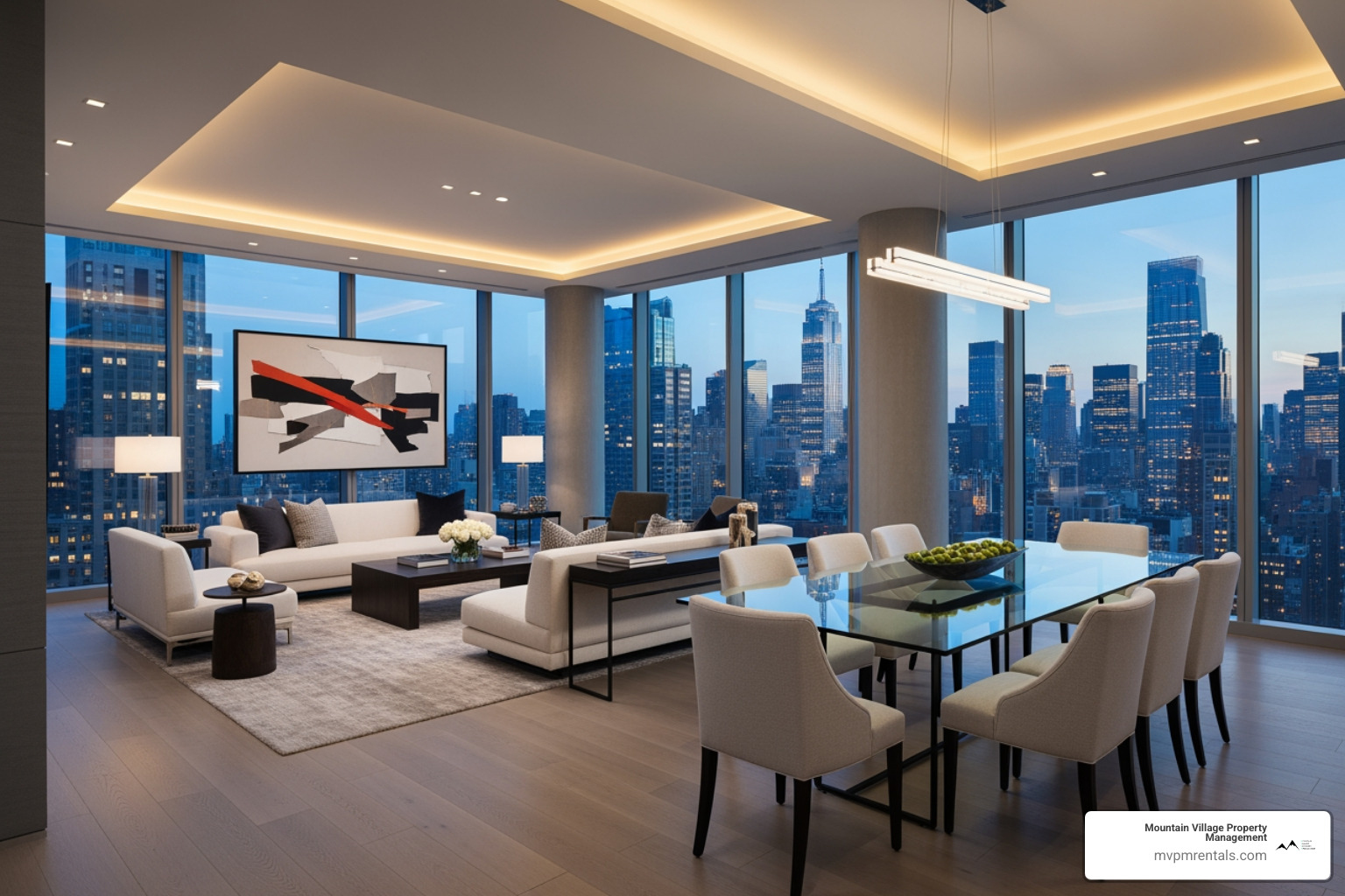 A stylish, modern Manhattan apartment interior with large windows overlooking the city skyline, showcasing high-end finishes and city views - Manhattan rental homes A stylish, modern Manhattan apartment interior with large windows overlooking the city skyline, showcasing high-end finishes and city views - Manhattan rental homes