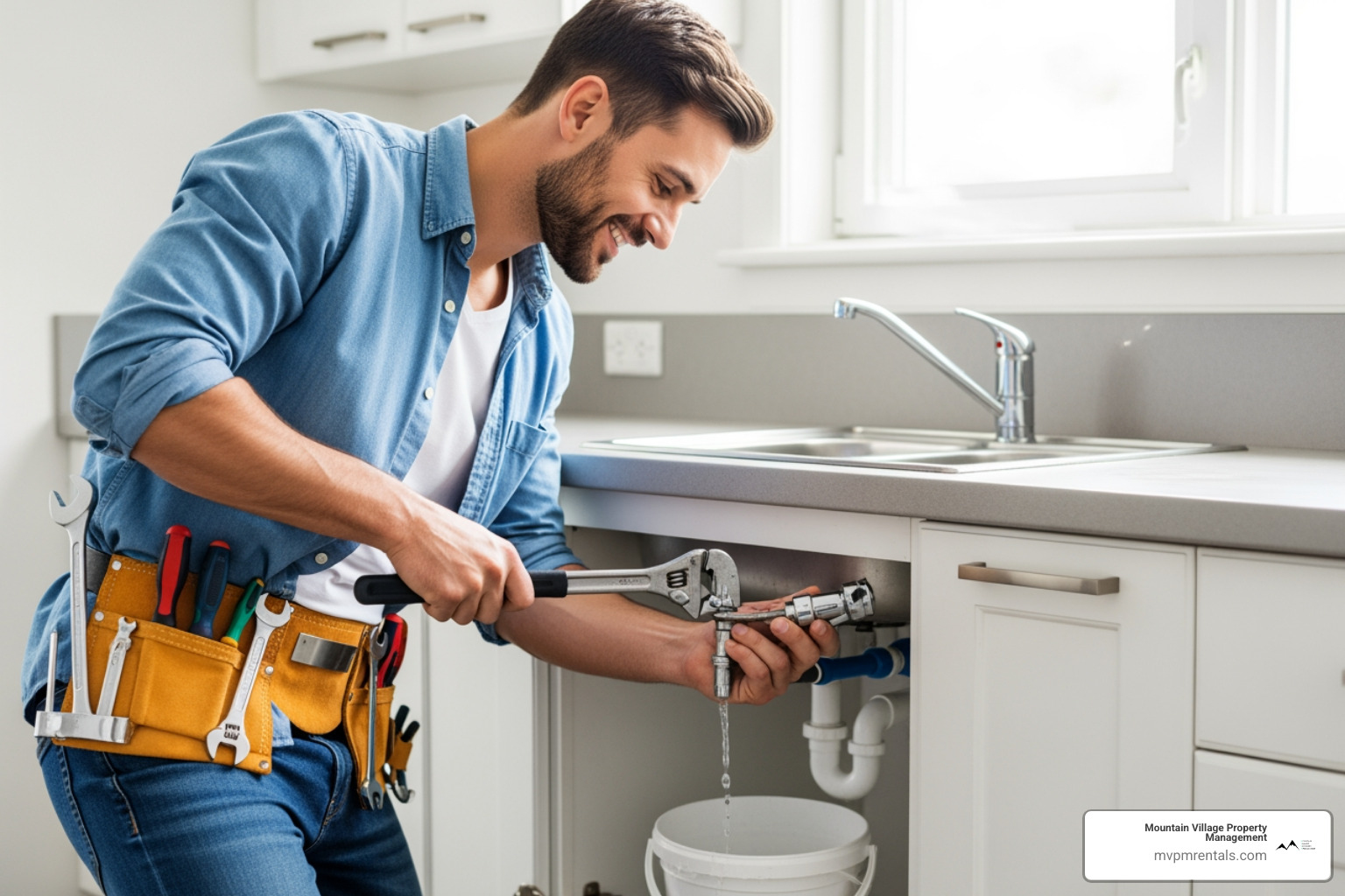 A friendly handyman fixing a leaky faucet - property services near me