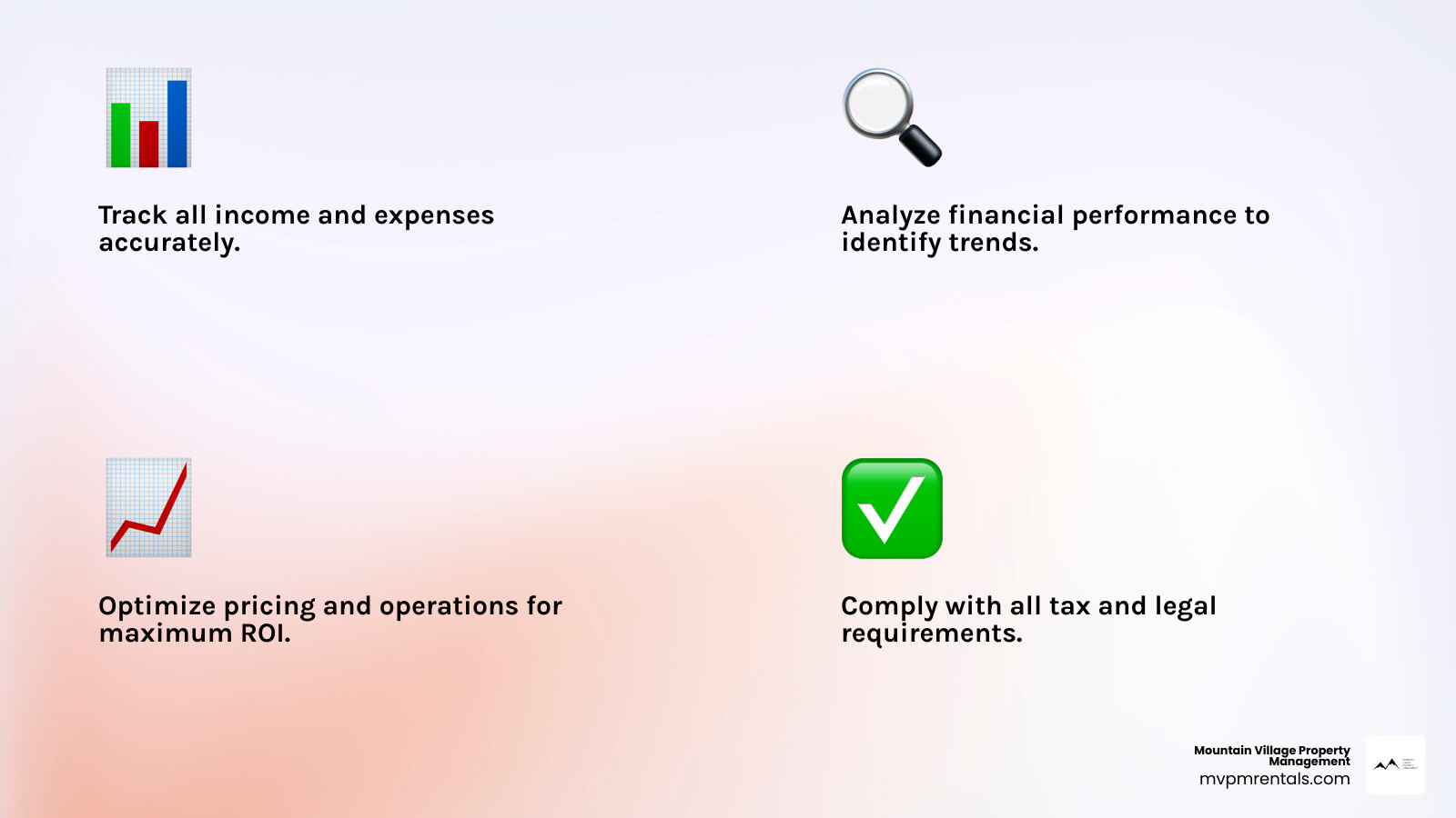 Infographic showing the rental property accounting cycle: Track income and expenses, Analyze financial performance, Optimize pricing and operations, Comply with tax requirements - rental property accounting infographic 4_facts_emoji_light-gradient