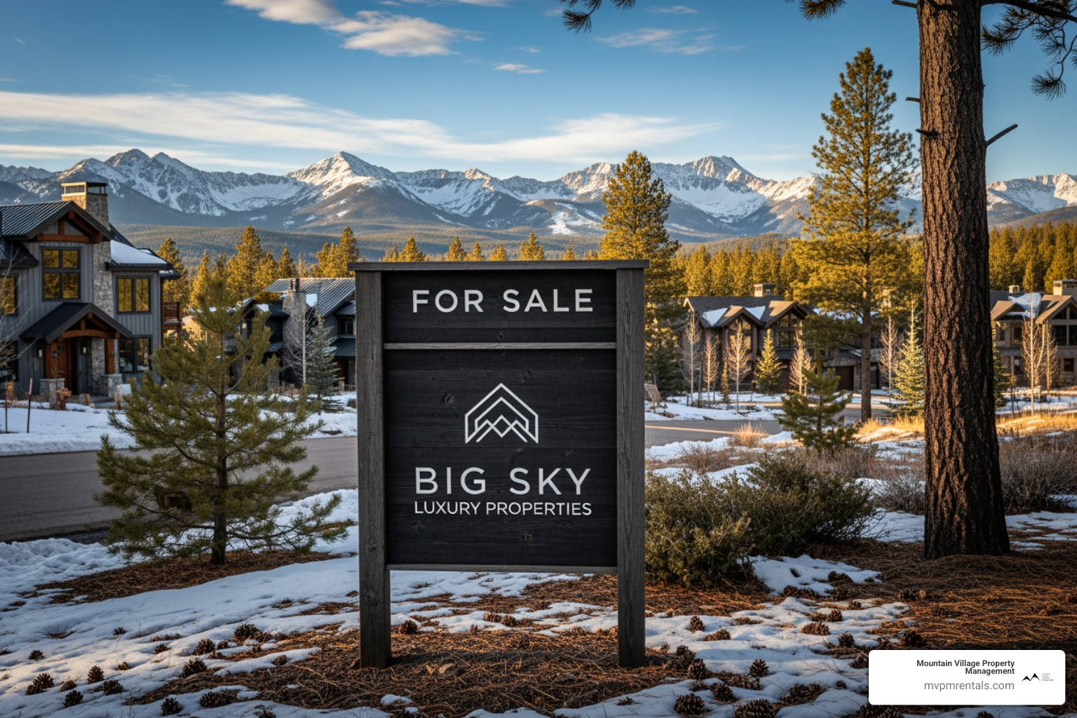 a modern "For Rent" sign with the phone number 406-602-2018 and the MVPM logo in a scenic Big Sky neighborhood - Big Sky property managers
