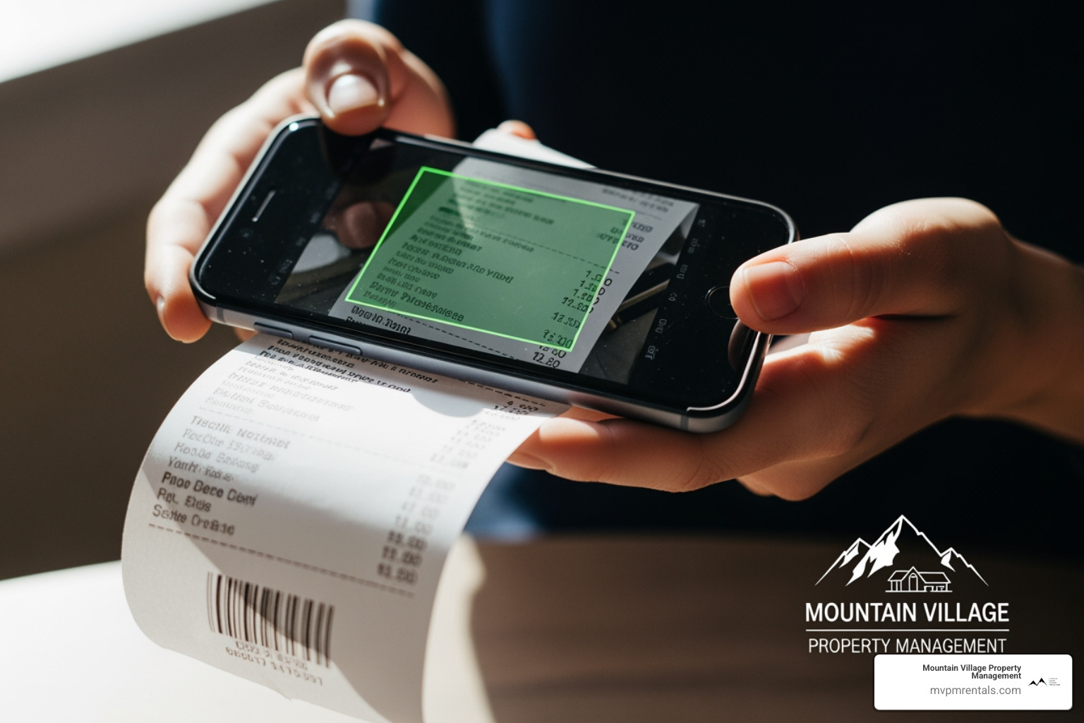 A person scanning a receipt with their smartphone, with Mountain Village Property Management logo on phone case or screen - rental property accounting