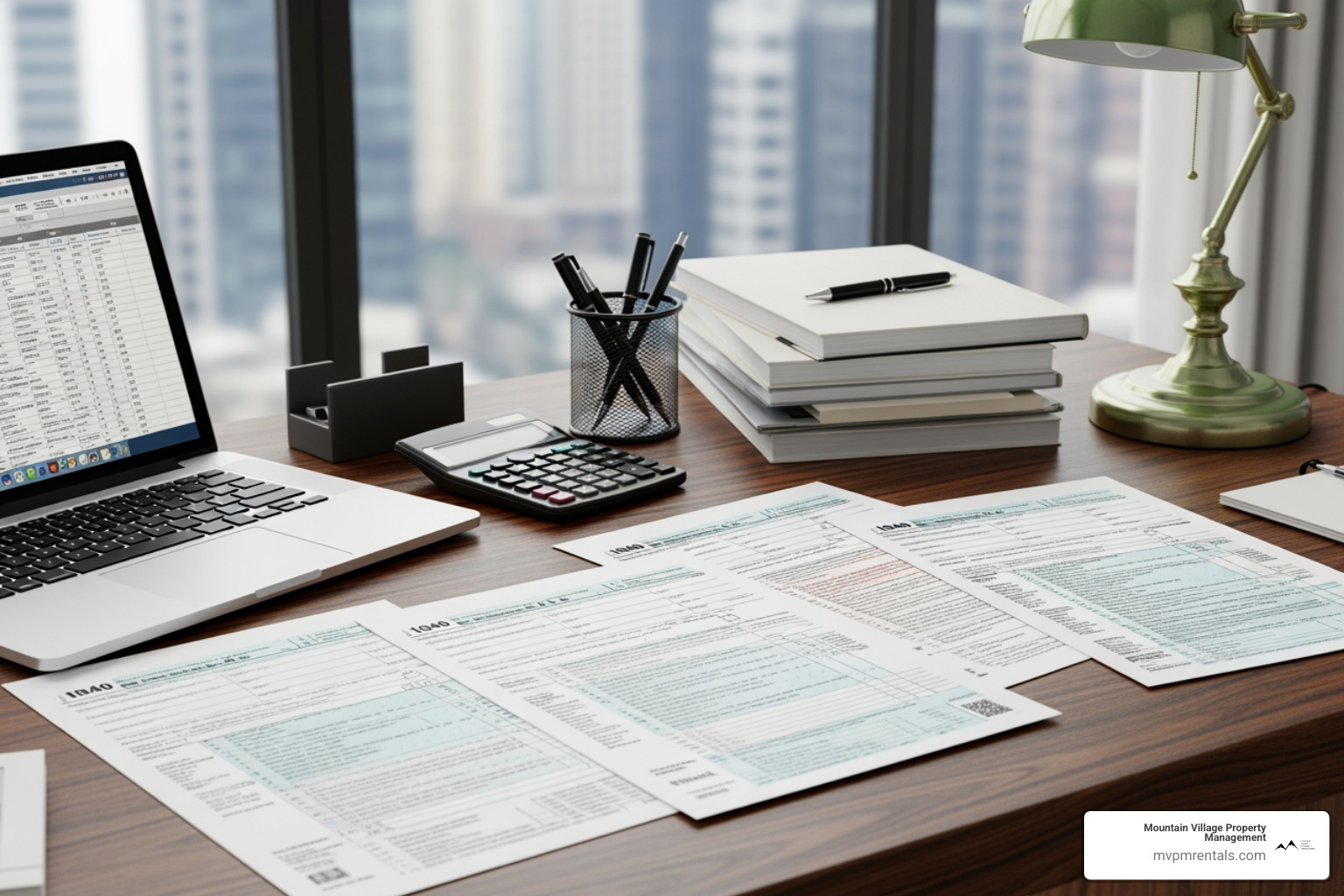 IRS tax forms like Schedule E alongside a laptop and calculator with Mountain Village Property Management logo visible - rental property accounting