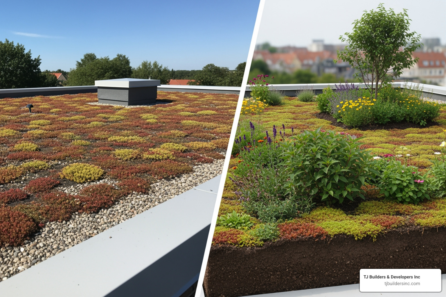 Side-by-side comparison of an extensive and an intensive green roof - Green roofing contractors