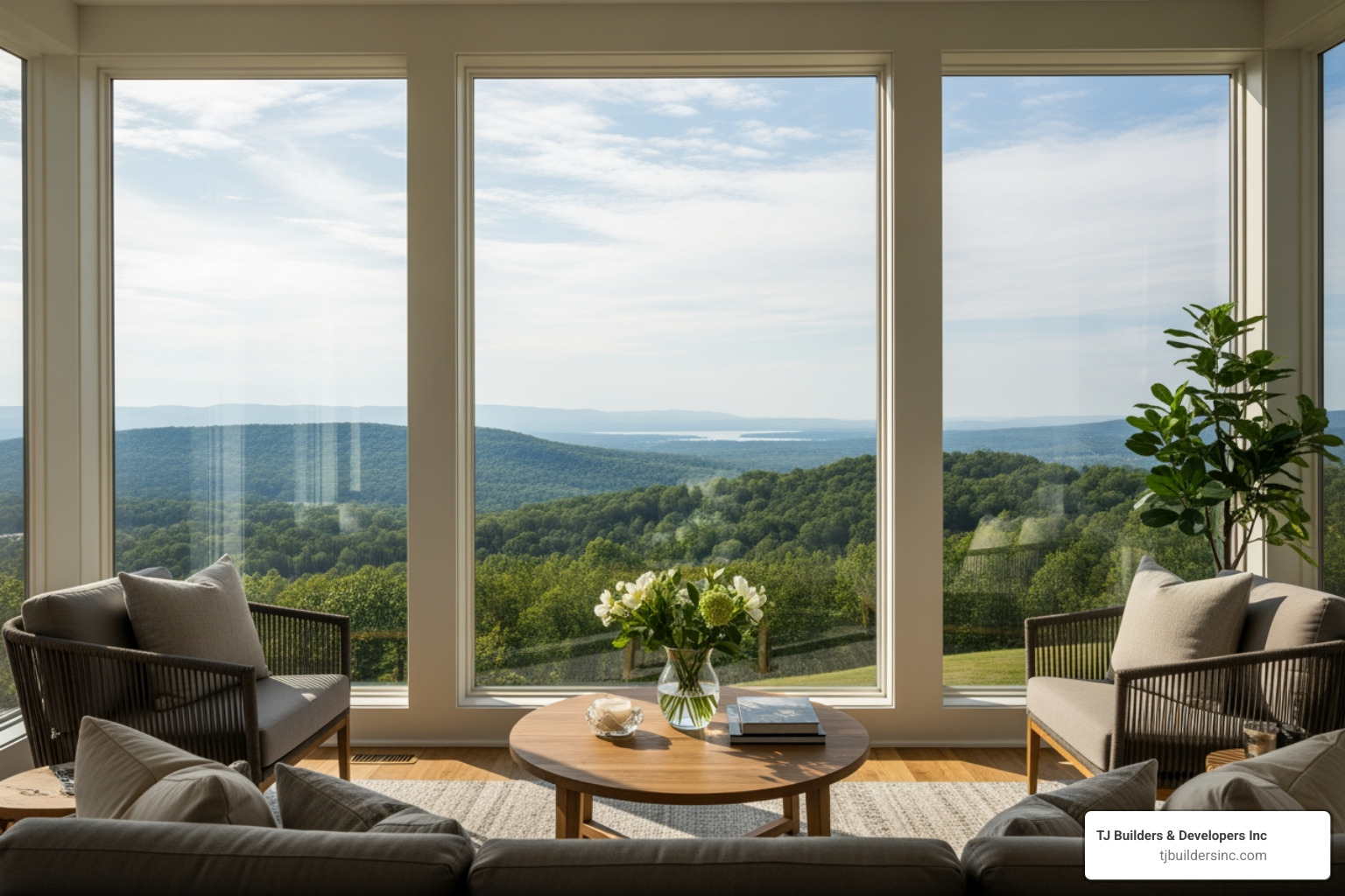 a panoramic view from an upper-level sunroom - two story sunroom