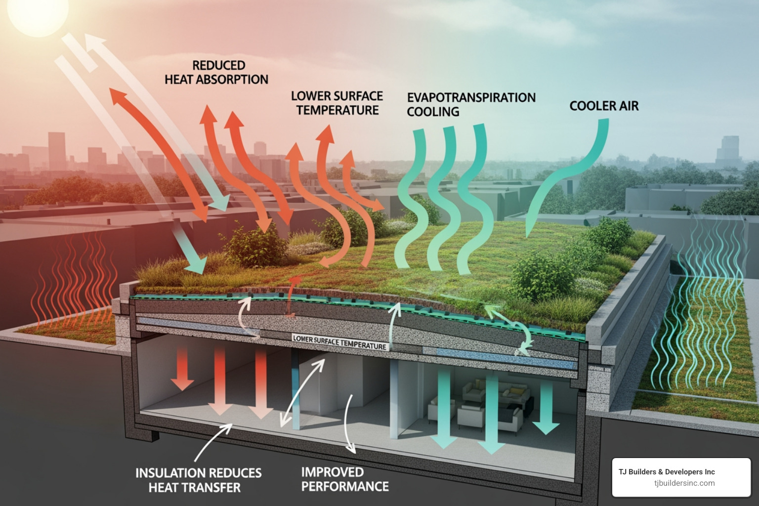 Diagram showing how a green roof cools a building and the surrounding air - Green roofing contractors
