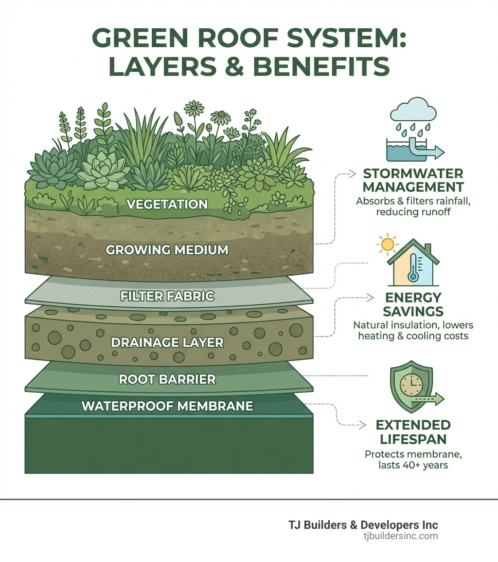 infographic showing green roof system layers including waterproof membrane, root barrier, drainage layer, filter fabric, growing medium, and vegetation with benefits like stormwater management, energy savings, and extended lifespan - Green roofing contractors infographic 