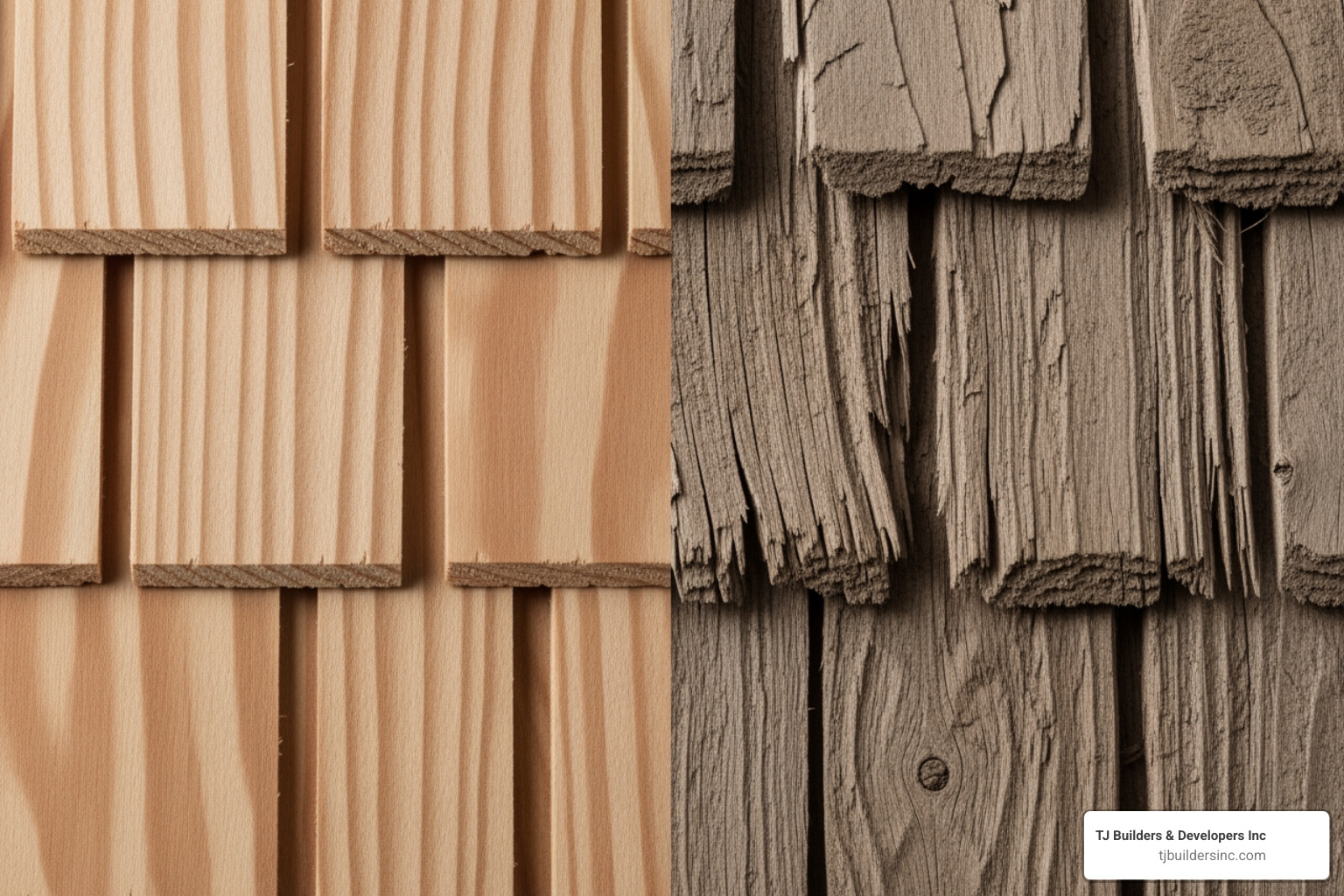 A smooth, uniform wood shingle next to a rustic, textured wood shake - wood shingle roof