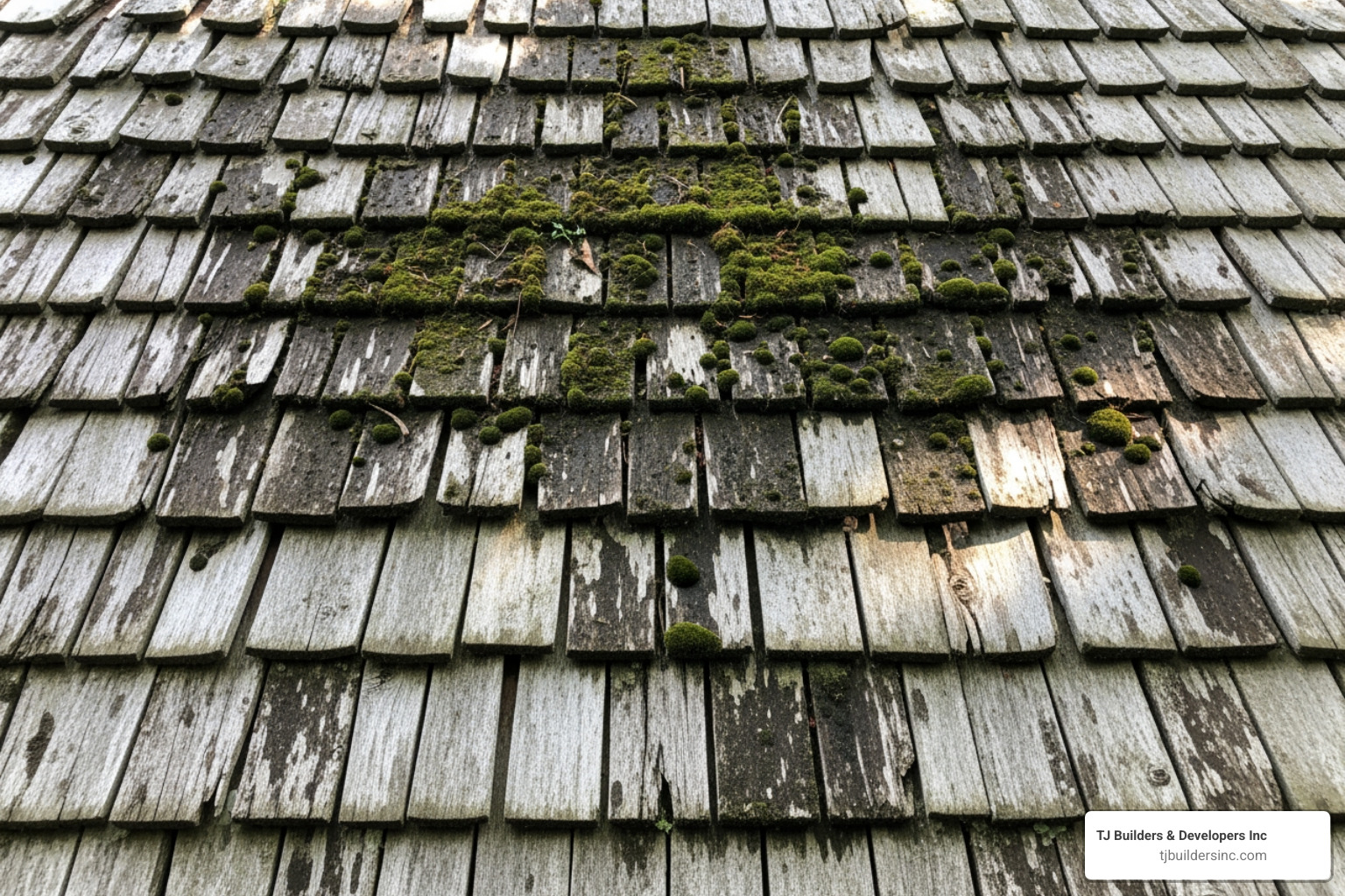 A wood roof showing signs of cupping and moss growth - wood shingle roof