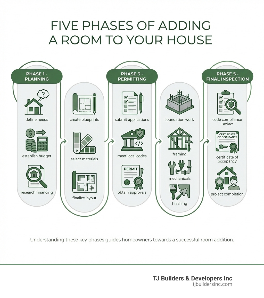 Infographic showing the five main phases of adding a room to a house: Phase 1 - Planning (define needs, establish budget, research financing), Phase 2 - Design (create blueprints, select materials, finalize layout), Phase 3 - Permitting (submit applications, meet local codes, obtain approvals), Phase 4 - Construction (foundation work, framing, mechanicals, finishing), Phase 5 - Final Inspection (code compliance review, certificate of occupancy, project completion) - add a room to house infographic Infographic showing the five main phases of adding a room to a house: Phase 1 - Planning (define needs, establish budget, research financing), Phase 2 - Design (create blueprints, select materials, finalize layout), Phase 3 - Permitting (submit applications, meet local codes, obtain approvals), Phase 4 - Construction (foundation work, framing, mechanicals, finishing), Phase 5 - Final Inspection (code compliance review, certificate of occupancy, project completion) - add a room to house infographic