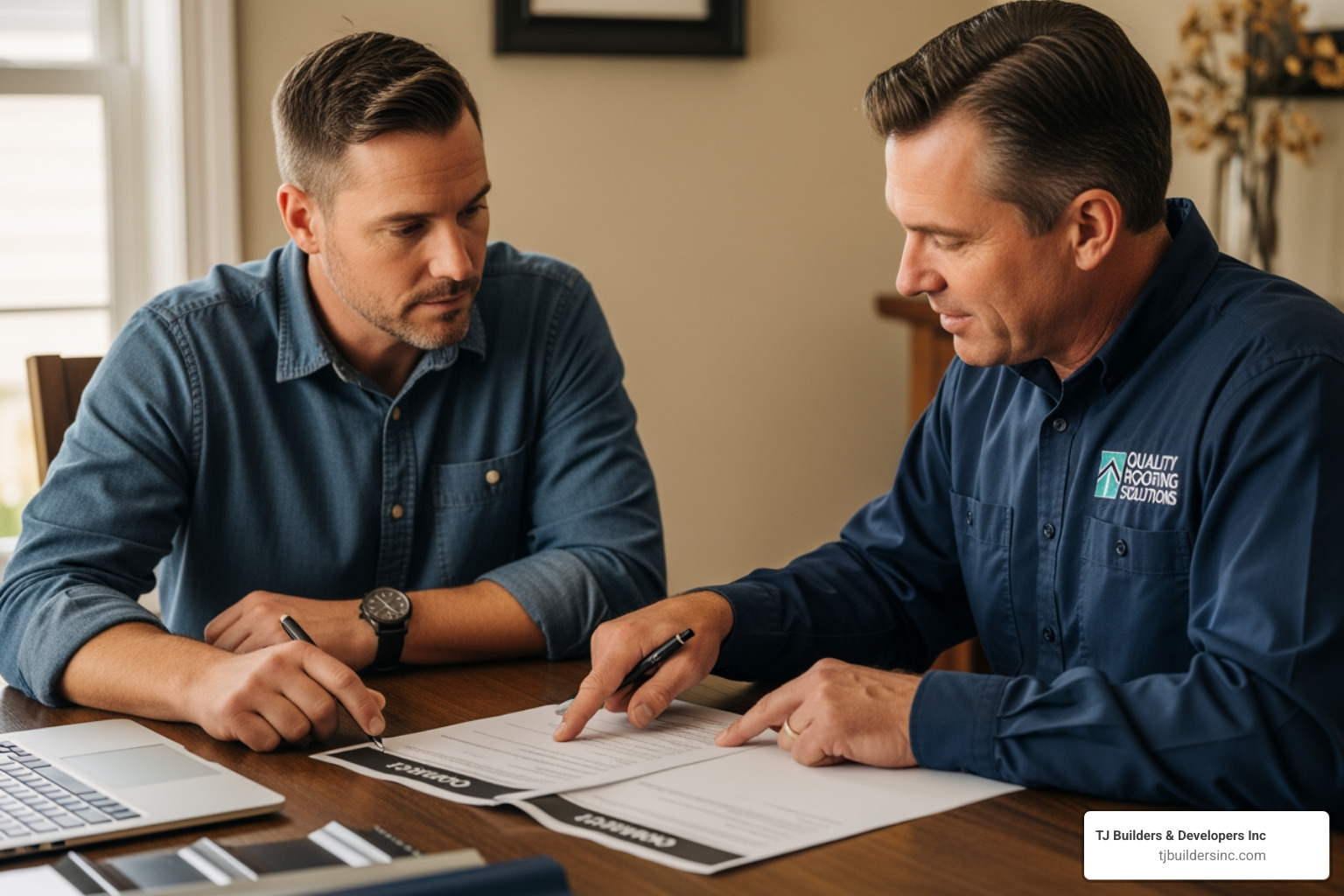 homeowner reviewing contract with roofer - metal roof installers near me homeowner reviewing contract with roofer - metal roof installers near me
