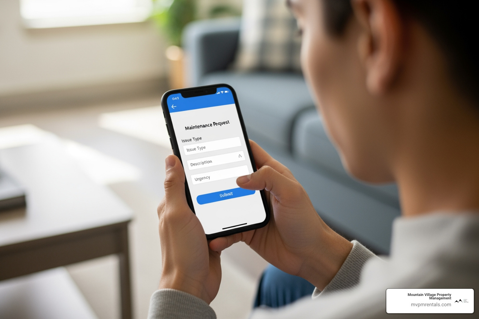 Tenant using smartphone to submit maintenance request through online portal - property management companies in bozeman mt Tenant using smartphone to submit maintenance request through online portal - property management companies in bozeman mt