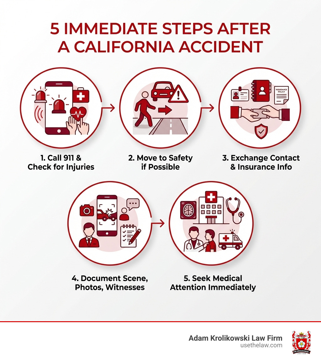 Infographic showing 5 immediate steps after a California accident: 1) Call 911 and check for injuries, 2) Move to safety if possible, 3) Exchange contact and insurance information, 4) Document the scene with photos and witness statements, 5) Seek medical attention immediately - Santa Ana accident lawyer infographic Infographic showing 5 immediate steps after a California accident: 1) Call 911 and check for injuries, 2) Move to safety if possible, 3) Exchange contact and insurance information, 4) Document the scene with photos and witness statements, 5) Seek medical attention immediately - Santa Ana accident lawyer infographic