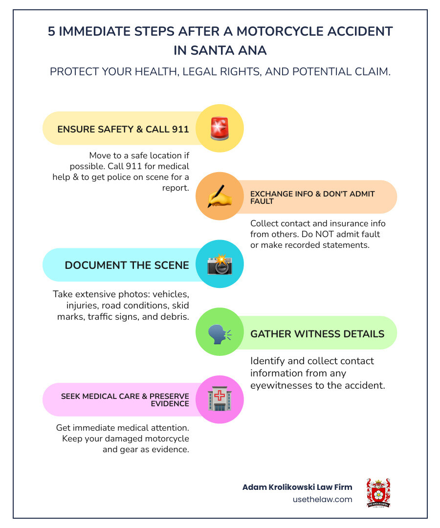 infographic showing 5 immediate steps after a motorcycle accident in Santa Ana: 1. Ensure safety and call 911 for medical help and police report, 2. Exchange contact and insurance information without admitting fault, 3. Document the scene with photos of vehicles, injuries, road conditions, and skid marks, 4. Gather witness contact information, 5. Seek immediate medical attention even for minor injuries and preserve all evidence including your motorcycle and gear - santa ana motorcycle accident attorney infographic infographic-line-5-steps-colors infographic showing 5 immediate steps after a motorcycle accident in Santa Ana: 1. Ensure safety and call 911 for medical help and police report, 2. Exchange contact and insurance information without admitting fault, 3. Document the scene with photos of vehicles, injuries, road conditions, and skid marks, 4. Gather witness contact information, 5. Seek immediate medical attention even for minor injuries and preserve all evidence including your motorcycle and gear - santa ana motorcycle accident attorney infographic infographic-line-5-steps-colors