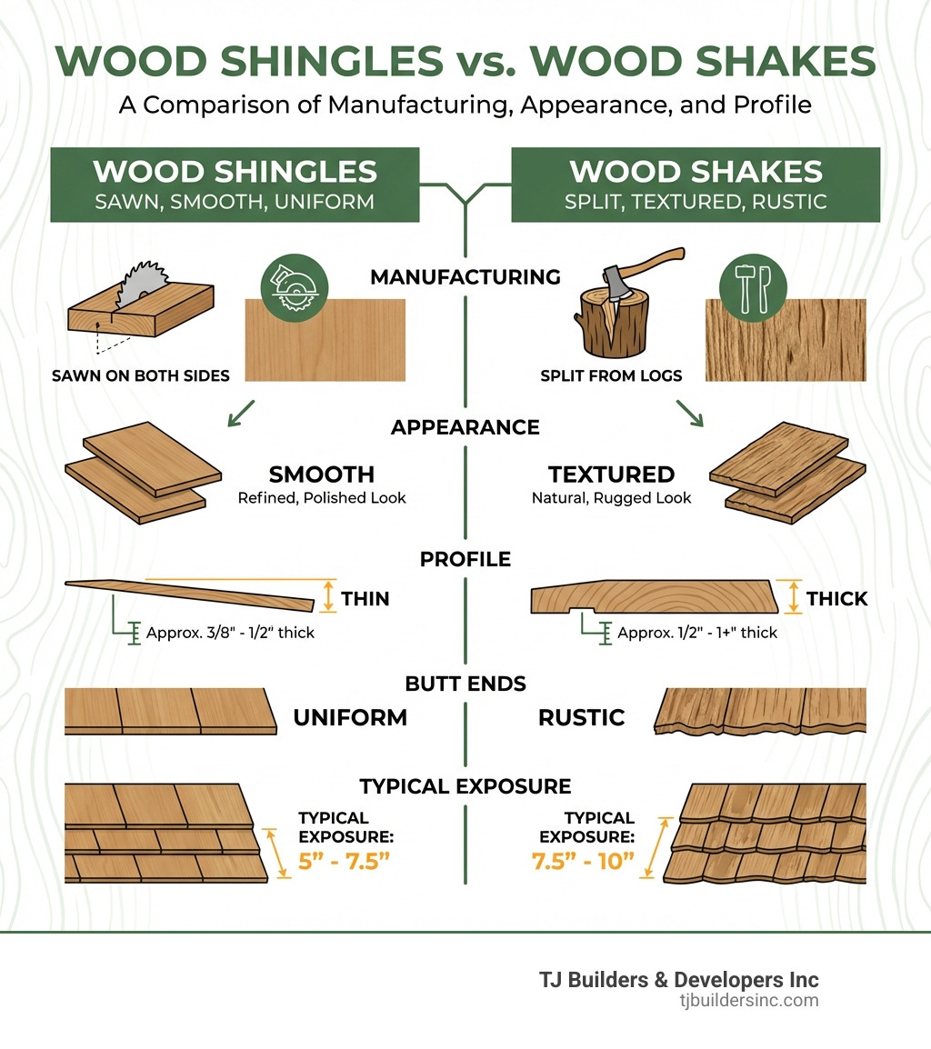 Infographic comparing wood shingles and wood shakes, showing sawn vs split manufacturing methods, smooth vs textured appearance, thin vs thick profile, uniform vs rustic butt ends, and typical exposure lengths - wood shingle roof infographic 