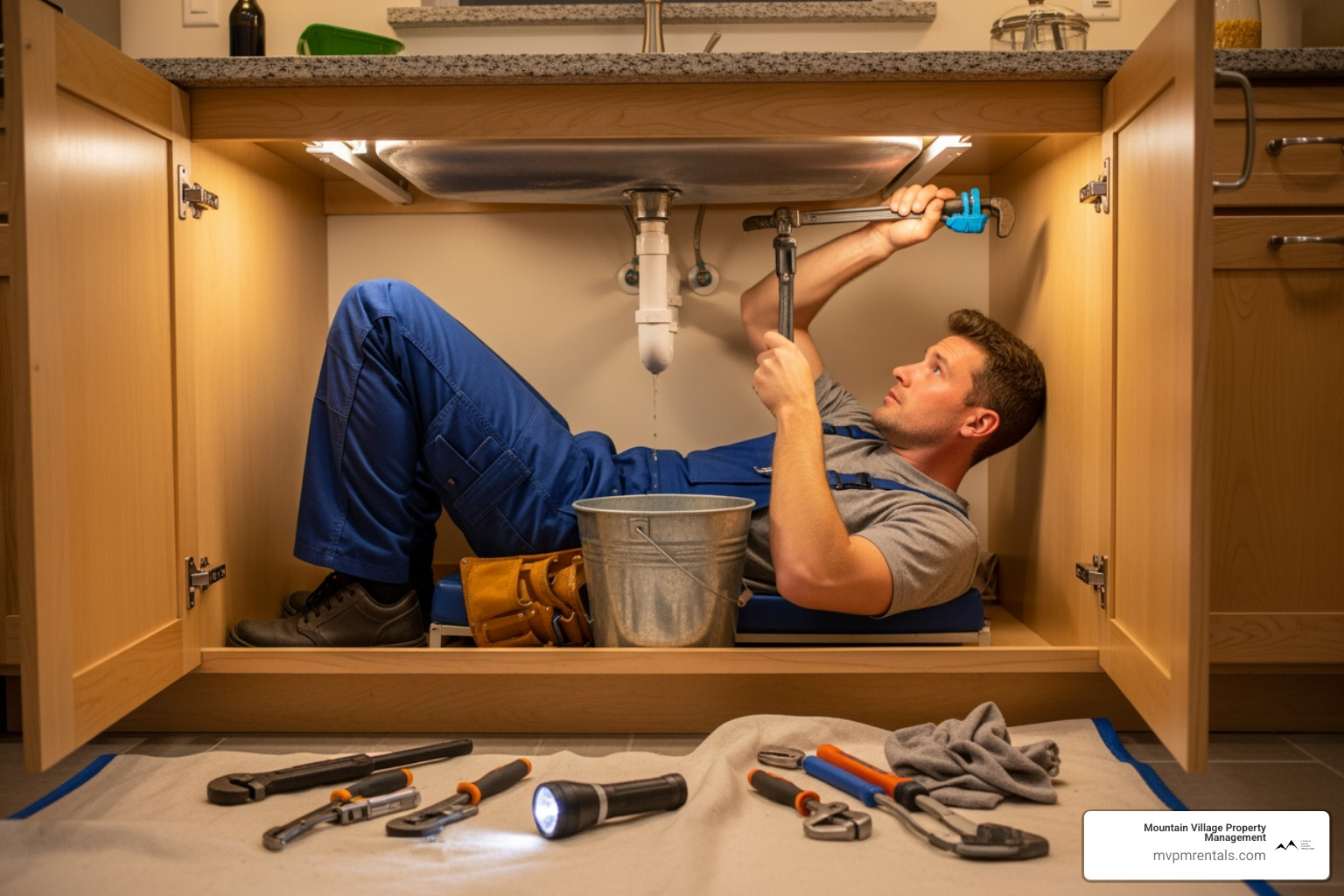 a plumber fixing a leak under a kitchen sink - Common rental repairs a plumber fixing a leak under a kitchen sink - Common rental repairs