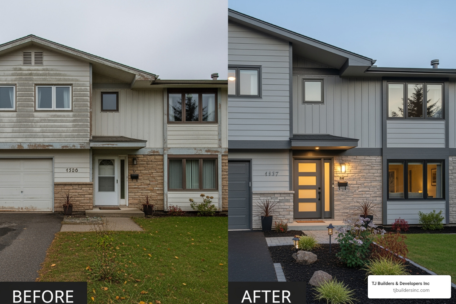 split-level home exterior before and after a remodel, showing new siding and a redesigned entryway - remodel split level home split-level home exterior before and after a remodel, showing new siding and a redesigned entryway - remodel split level home