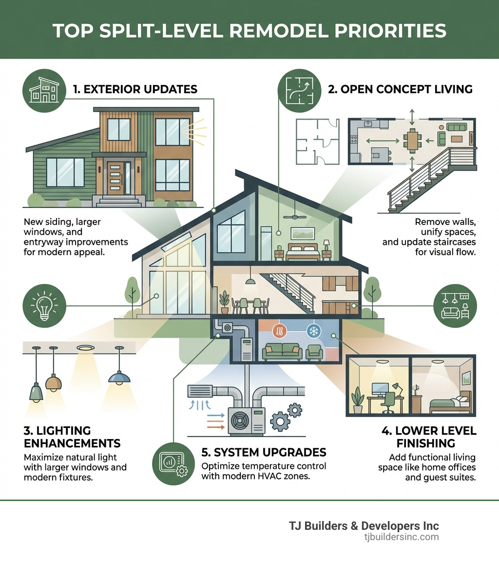Infographic showing the top split-level remodel priorities: exterior updates including new siding, windows, and entryway improvements; interior changes like removing walls for open concept living and updating staircases; lighting enhancements through larger windows and modern fixtures; lower level finishing for additional living space; and system upgrades for temperature control - remodel split level home infographic Infographic showing the top split-level remodel priorities: exterior updates including new siding, windows, and entryway improvements; interior changes like removing walls for open concept living and updating staircases; lighting enhancements through larger windows and modern fixtures; lower level finishing for additional living space; and system upgrades for temperature control - remodel split level home infographic