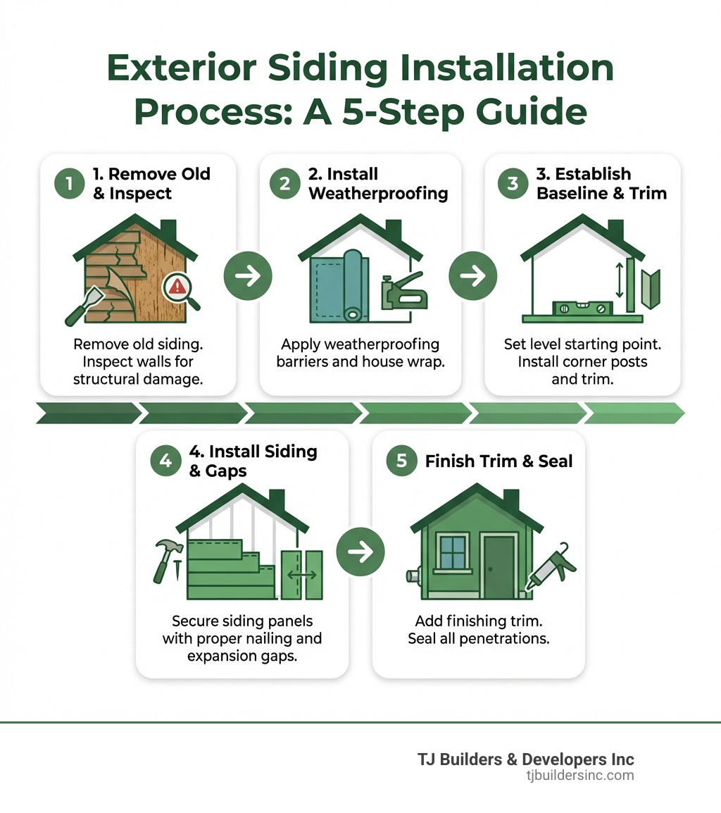Infographic showing the exterior siding installation process: 1) Remove old siding and inspect walls for damage, 2) Install weatherproofing barriers and house wrap, 3) Establish level baseline and install corner posts and trim, 4) Install siding panels with proper nailing and expansion gaps, 5) Add finishing trim and seal all penetrations - Exterior siding installation infographic 