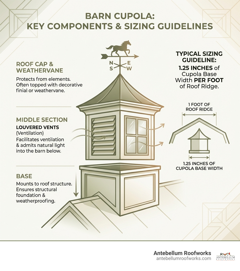 infographic showing the three main components of a barn cupola: the base that mounts to the roof, the middle section with louvered vents or windows for ventilation and light, and the top roof cap often with a weathervane, along with typical sizing guidelines of 1.25 inches of cupola base width per foot of roof ridge - vintage barn cupola for sale infographic 