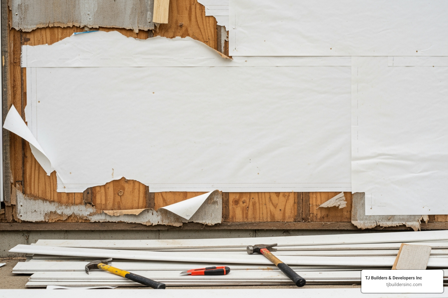 A wall with old siding partially removed, revealing the house wrap underneath - Exterior siding installation