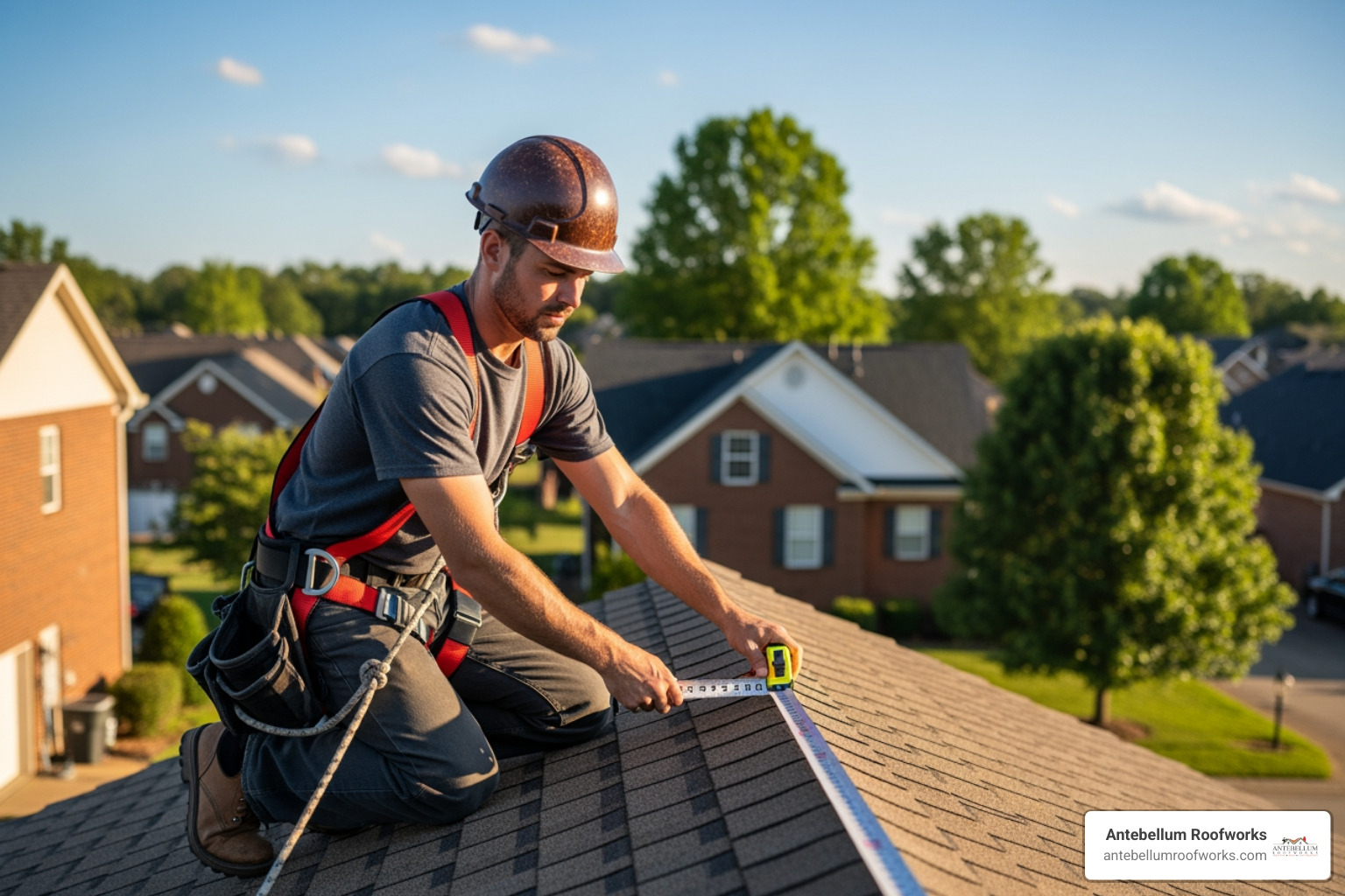 a roofing contractor measuring a roof section in Tennessee - average cost of a metal roof in tennessee