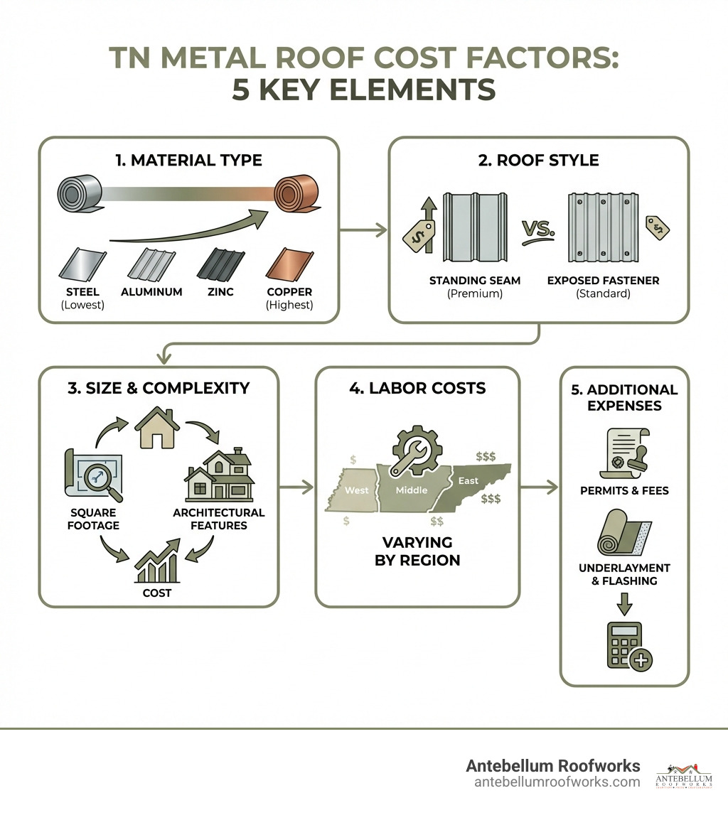 infographic showing five key cost factors for tennessee metal roofs: material type ranging from steel to copper, roof style comparing standing seam versus exposed fastener, size and complexity including square footage and architectural features, labor costs varying by region, and additional expenses like permits and underlayment - average cost of a metal roof in tennessee infographic 