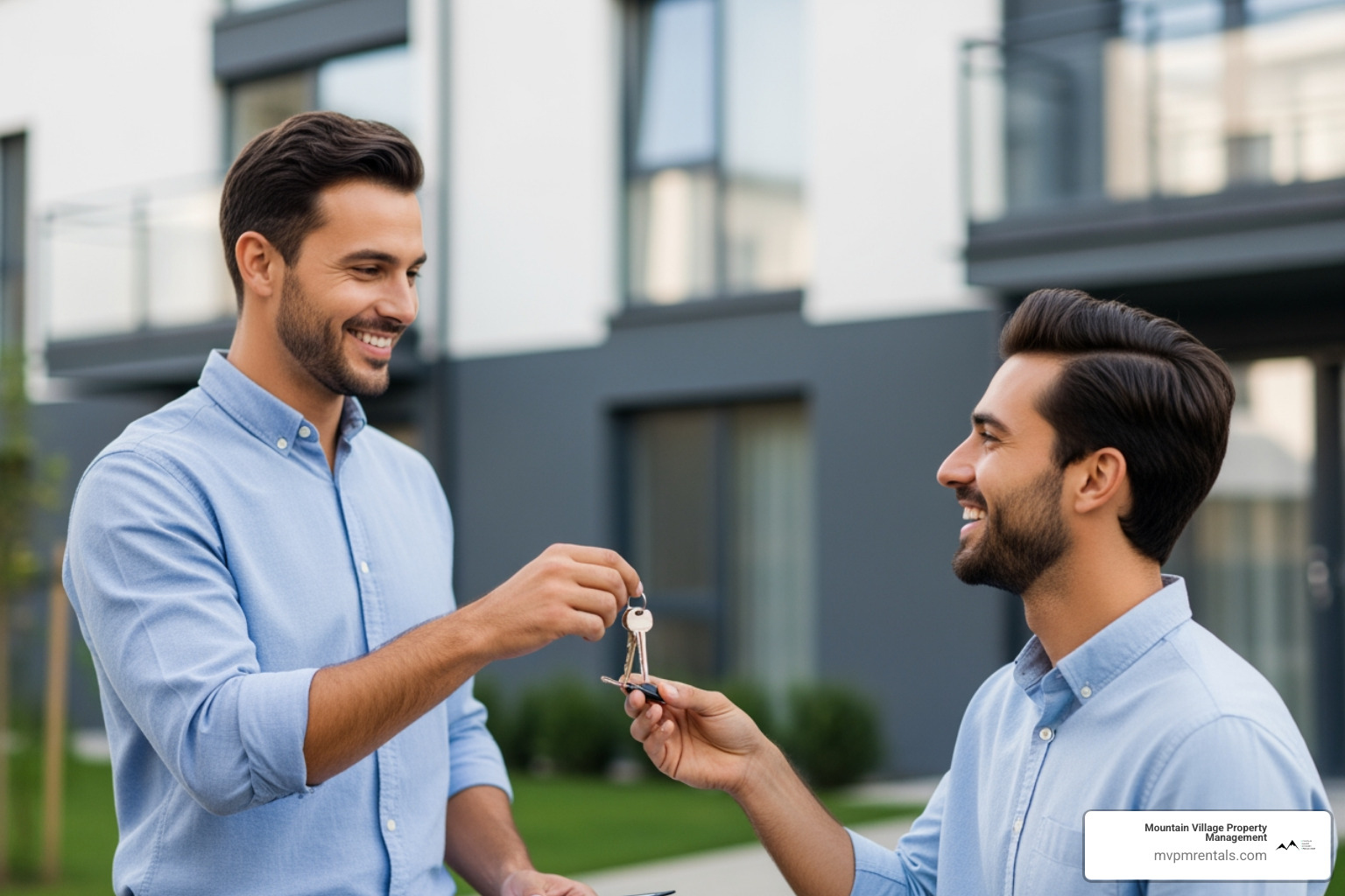 Mountain Village Property Management team member handing keys to a happy new tenant - property services company