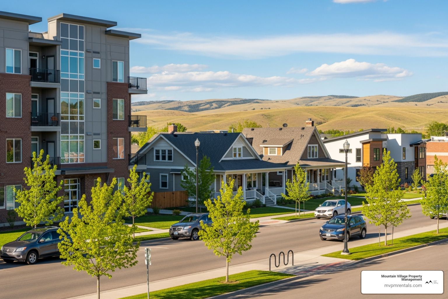 A picturesque street with a mix of modern apartments and charming single-family homes in Belgrade, MT, with a Mountain Village Property Management 'For Rent' sign featuring 406-602-2018. - belgrade rental properties