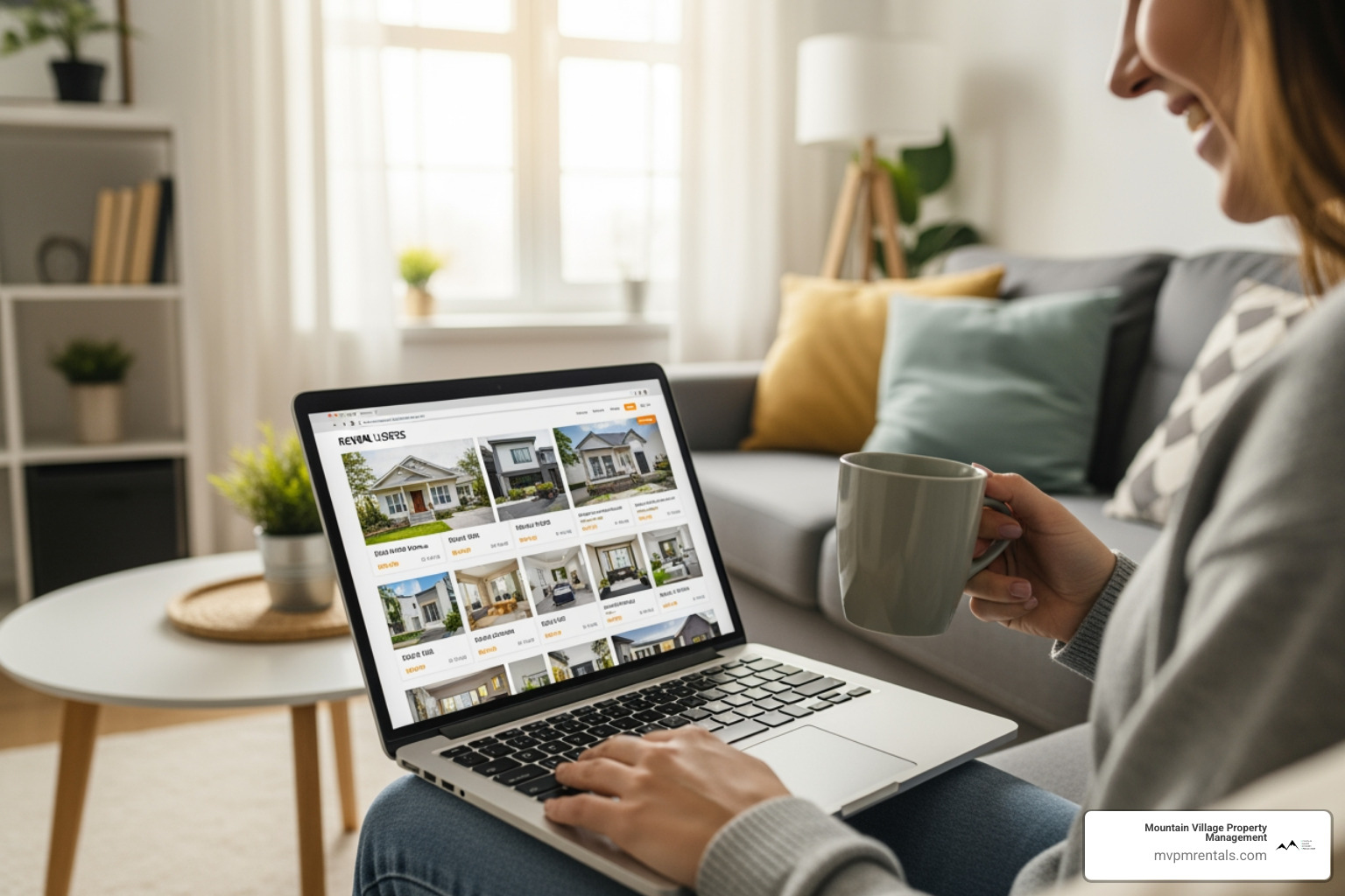A person happily browsing rental listings on a laptop, with the Mountain Village Property Management website clearly visible on the screen, showcasing available Belgrade rental properties. - belgrade rental properties