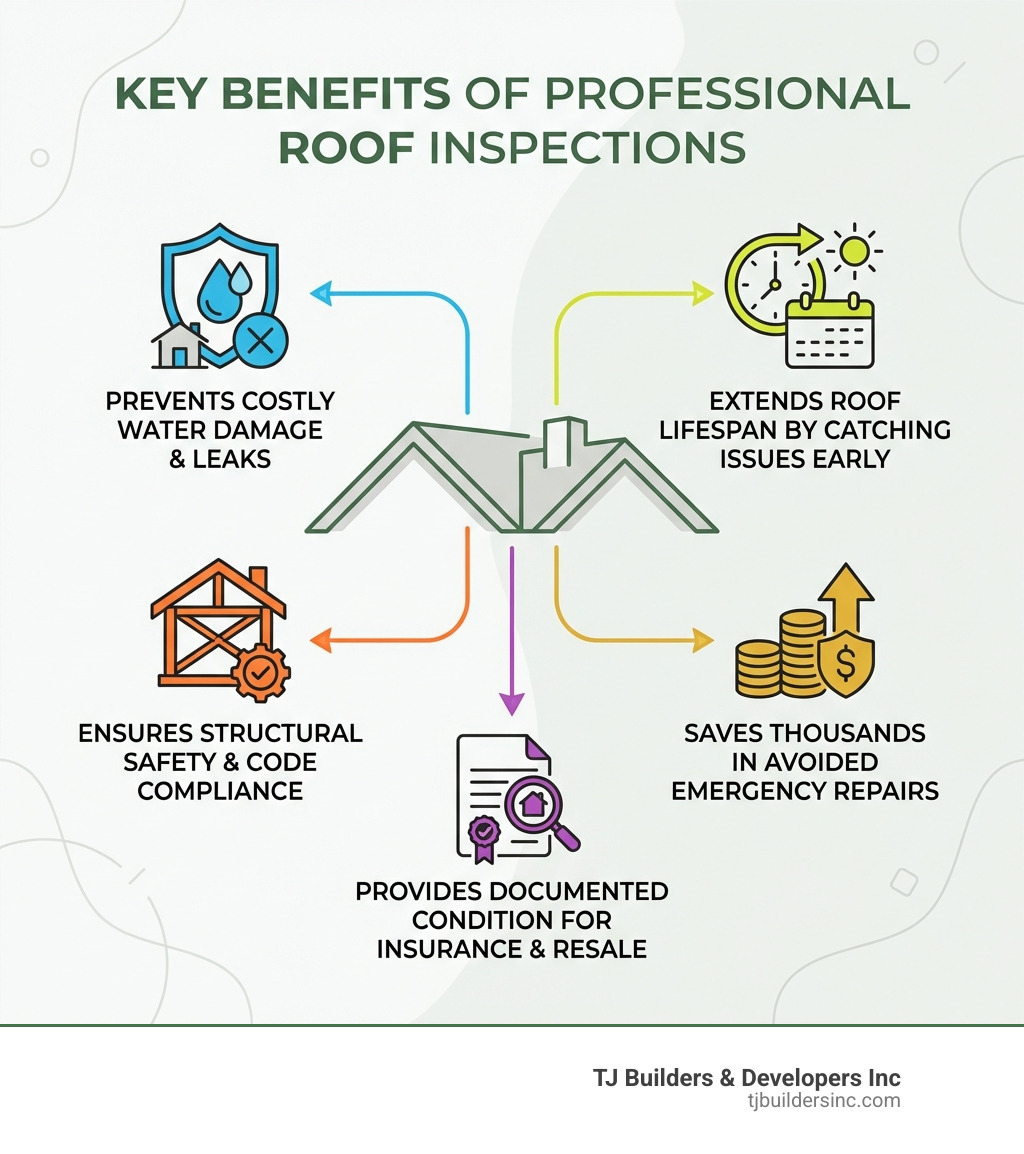 infographic showing key benefits of professional roof inspections: prevents costly water damage and leaks, extends roof lifespan by catching issues early, ensures structural safety and code compliance, saves thousands in avoided emergency repairs, provides documented condition for insurance and resale - roof inspection near me infographic infographic showing key benefits of professional roof inspections: prevents costly water damage and leaks, extends roof lifespan by catching issues early, ensures structural safety and code compliance, saves thousands in avoided emergency repairs, provides documented condition for insurance and resale - roof inspection near me infographic
