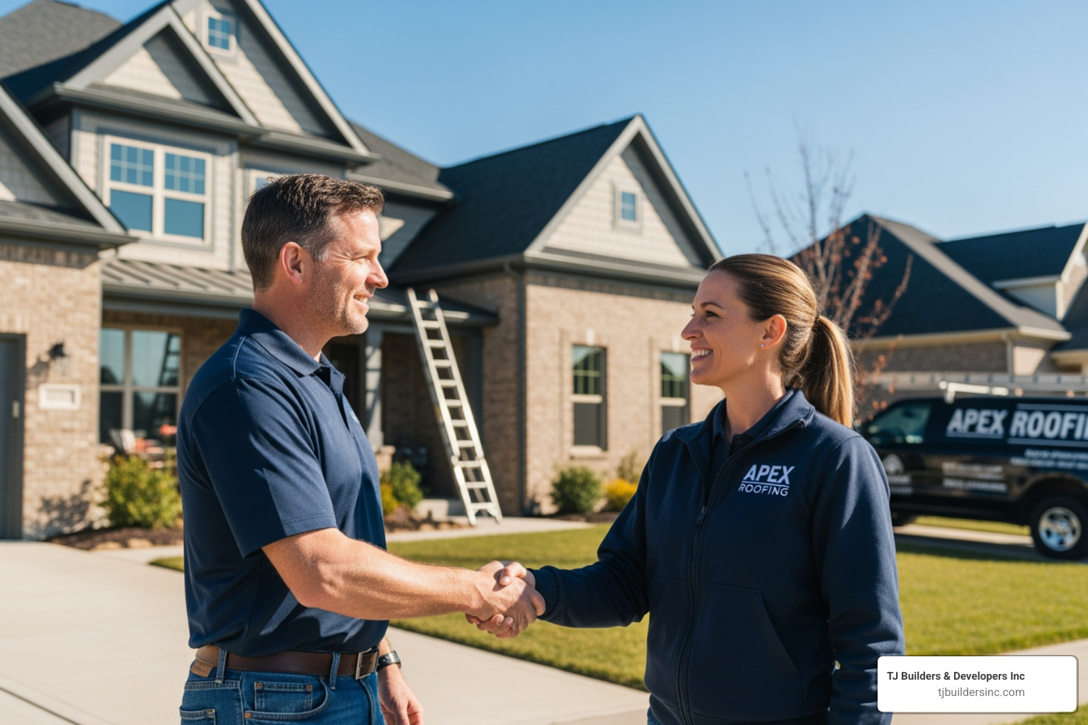homeowner shaking hands with roofing contractor - roofer near me