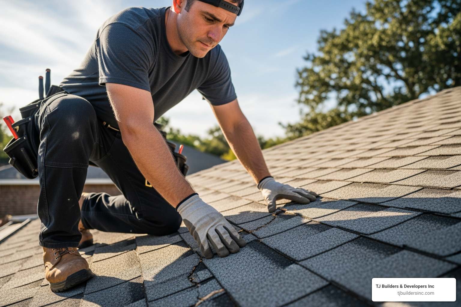 roofer inspecting damaged shingle - roofer near me