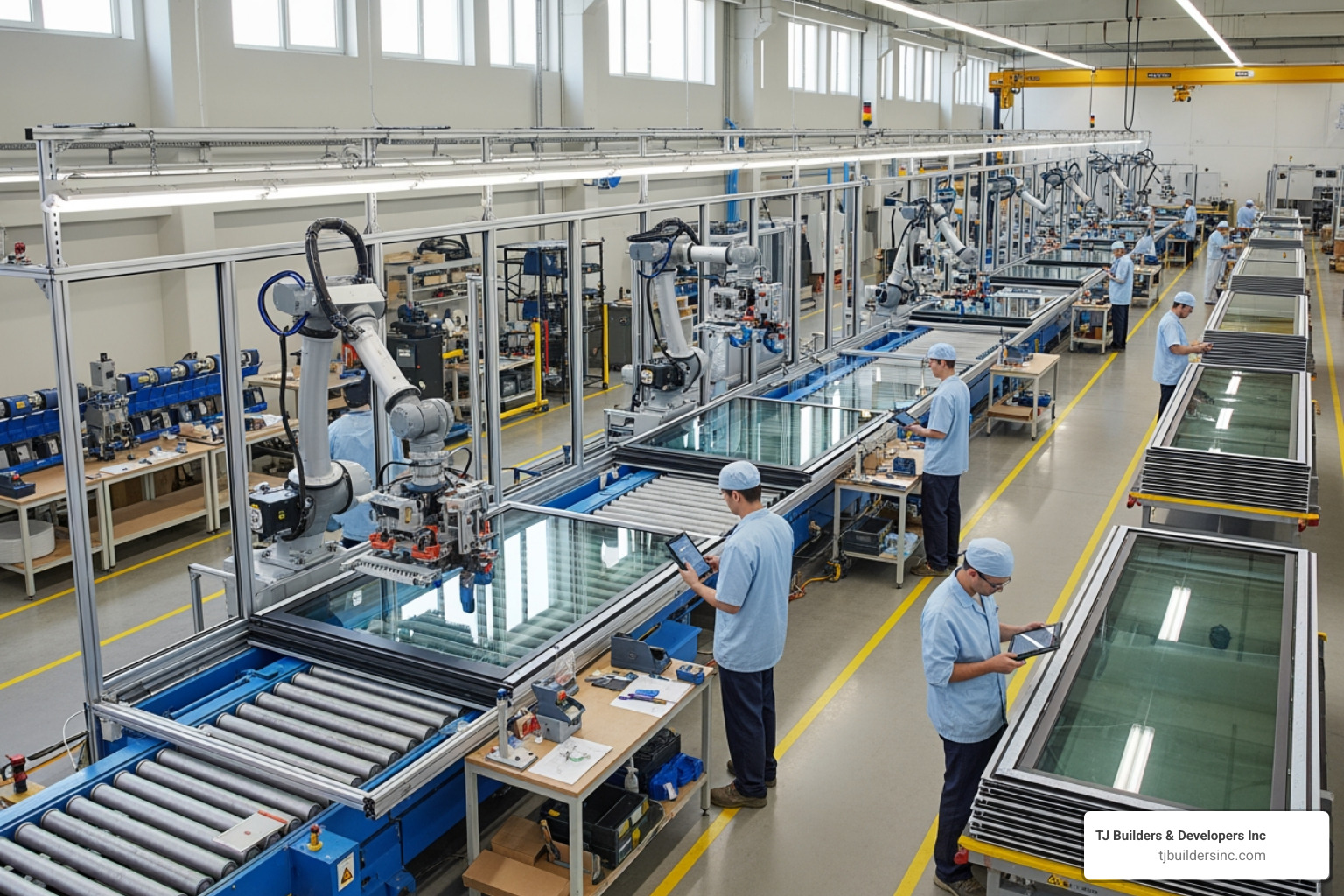 factory assembly line for sunroom panels, showing precision and quality control - prefab sunroom addition