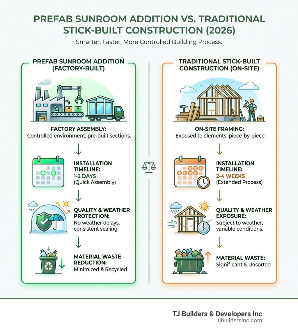 Infographic comparing prefab sunroom additions to traditional stick-built construction, showing factory assembly vs. on-site framing, installation timeline differences (1-2 days vs. 2-4 weeks), quality control advantages, material waste reduction, and weather protection during manufacturing - prefab sunroom addition infographic 