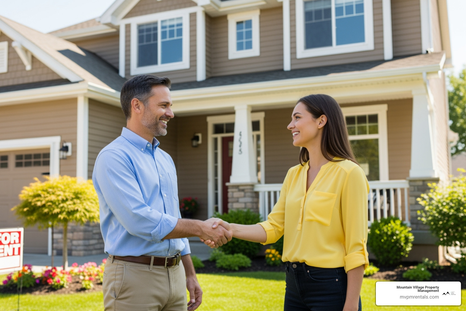 A landlord and tenant shaking hands and smiling in front of a well-maintained rental home, symbolizing a positive relationship - Reduce vacancy costs