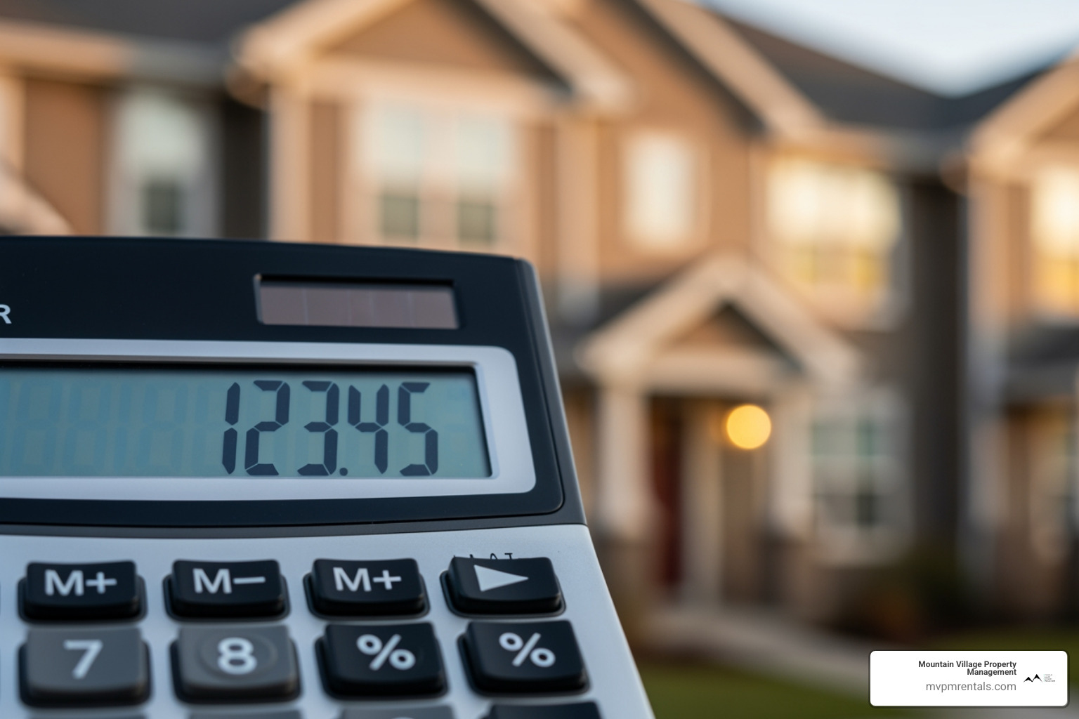 A calculator displaying numbers with a blurred image of a rental property in the background, illustrating the calculation of daily vacancy loss - Reduce vacancy costs
