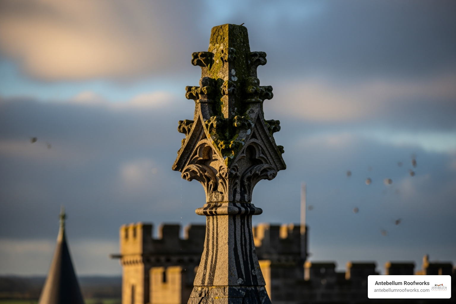 weathered, historic stone finial on a European castle - roof finials