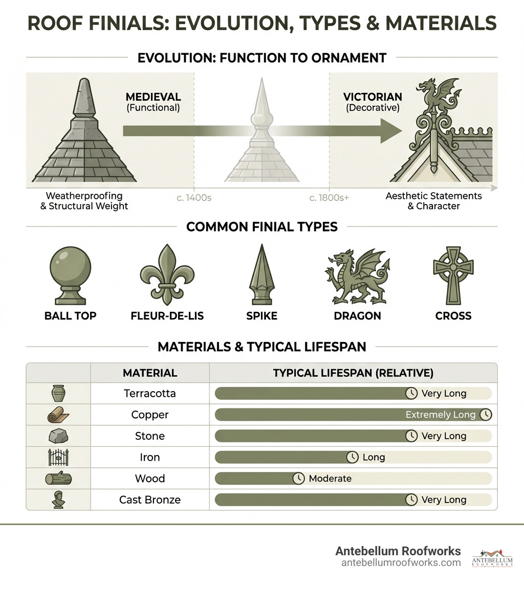 Infographic showing the evolution of roof finials from functional Medieval weatherproofing devices to decorative Victorian statements, with illustrations of common finial types including ball top, fleur-de-lis, spike, dragon, and cross designs, plus a breakdown of materials used and their typical lifespan - roof finials infographic 