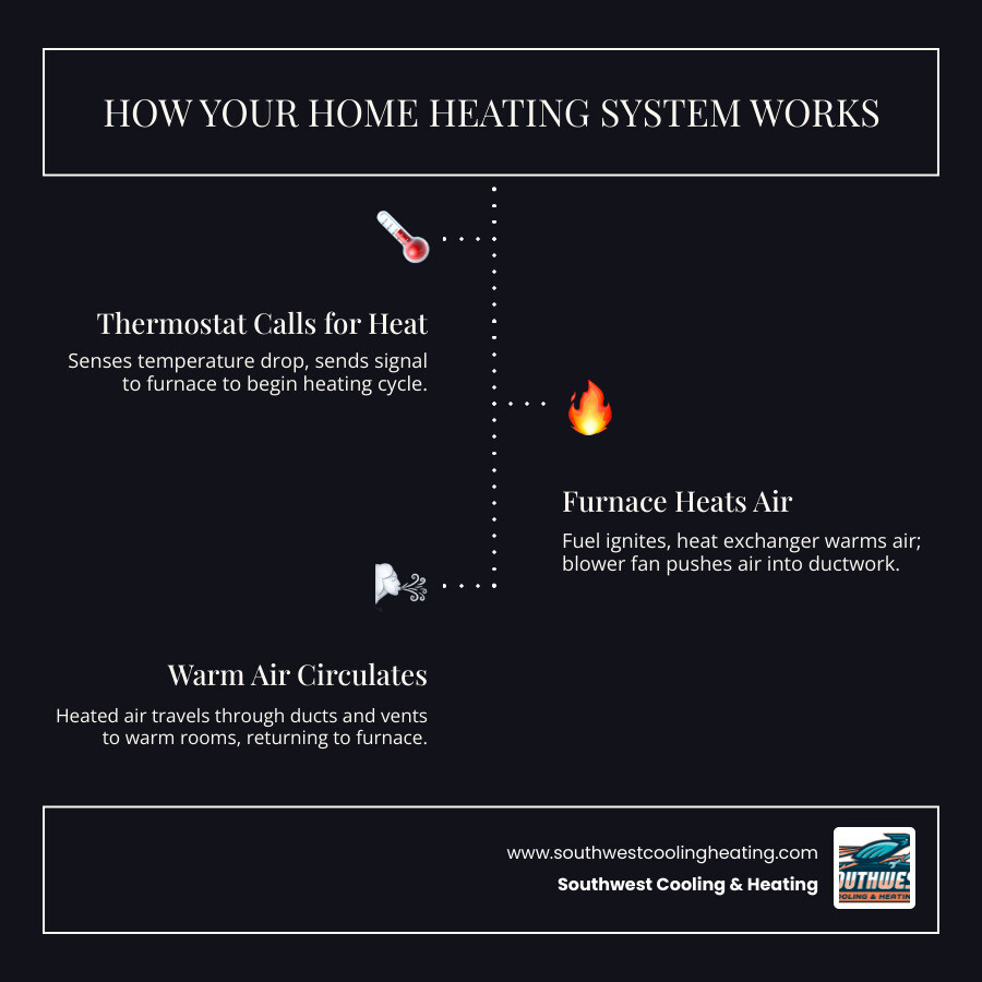 Infographic showing the components of a typical home heating system including thermostat, furnace, ductwork, and vents, with labels explaining how warm air circulates through the home to maintain comfortable temperatures during Santa Clara's winter months - heating repair in santa clara ut infographic infographic-line-3-steps-dark Infographic showing the components of a typical home heating system including thermostat, furnace, ductwork, and vents, with labels explaining how warm air circulates through the home to maintain comfortable temperatures during Santa Clara's winter months - heating repair in santa clara ut infographic infographic-line-3-steps-dark