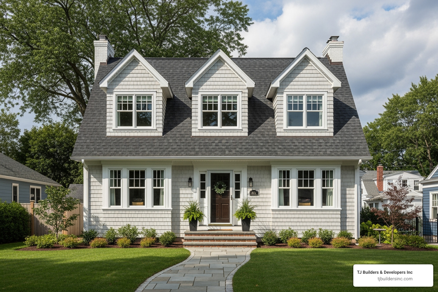 a Cape Cod with a new full second story and prominent shed dormers - expanded cape cod house