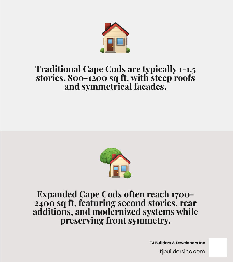 Infographic showing traditional Cape Cod characteristics (1-1.5 stories, steep roof, symmetrical facade, 800-1200 sq ft) compared to expanded Cape Cod features (second story or rear addition, dormers added, 1700-2400 sq ft, preserved front symmetry, modernized systems) - expanded cape cod house infographic 2_facts_emoji_grey
