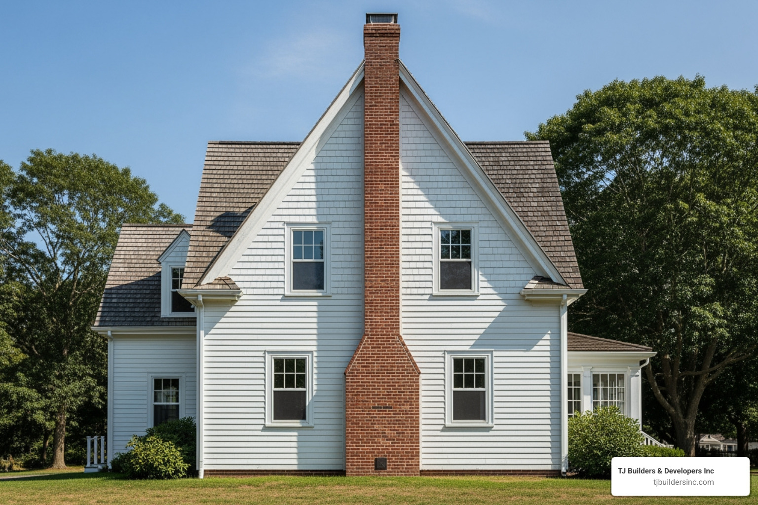 classic, un-expanded Cape Cod home highlighting its steep roof and central chimney - expanded cape cod house